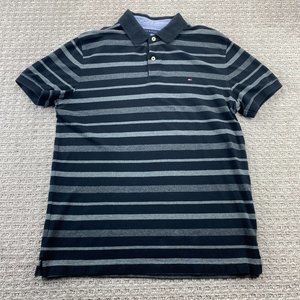 Tommy Hilfiger Polo Shirt Men Large L Gray Black Striped Slim Fit Casual Button